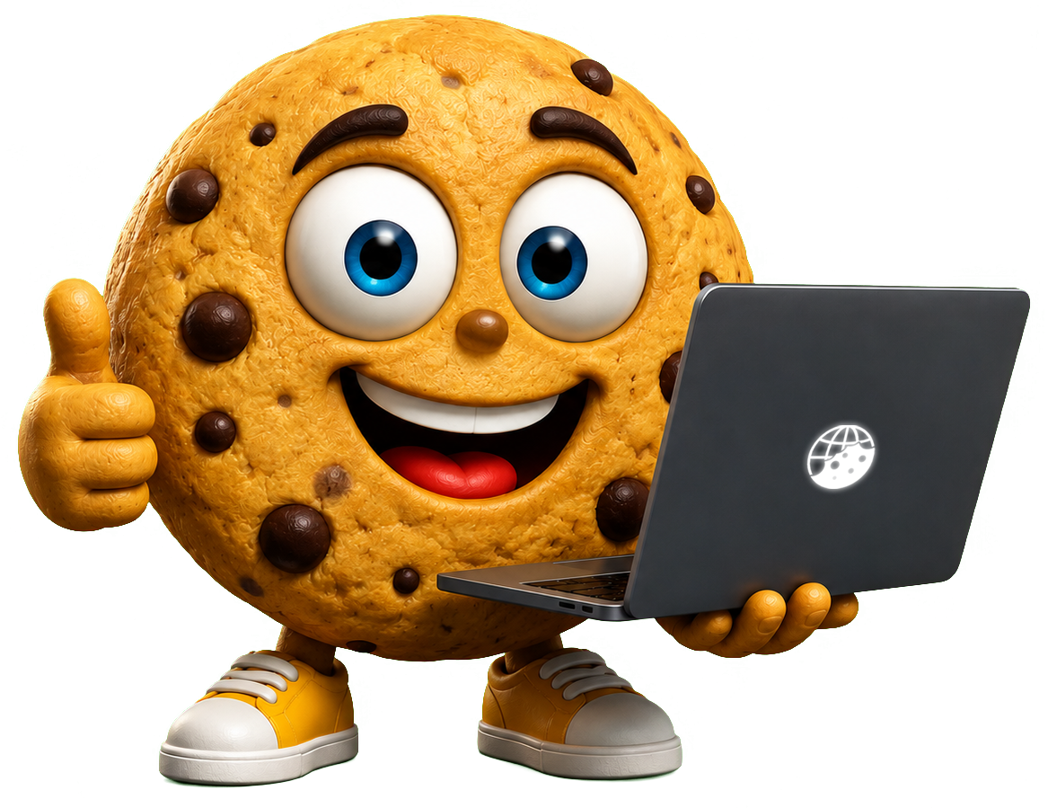 Keks Web maskota radi na laptopu