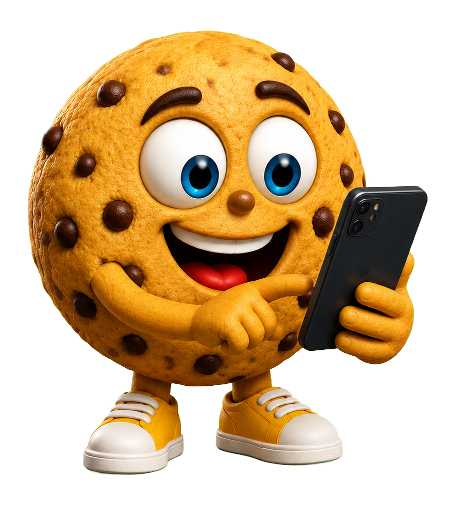 Keks Web maskota koristi mobilni telefon
